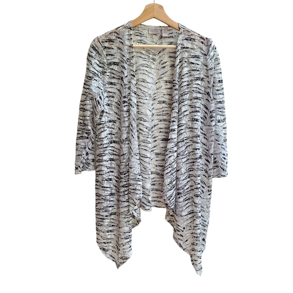 Chico's Easy Wear Lace Cardigan with Metallic Silver Threading, Size Medium